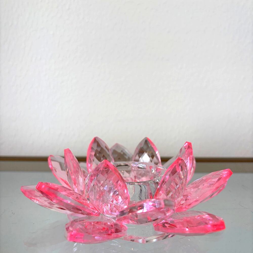 Sparking Cut Crystal Pink Glass LOTUS FLOWER Candle Holder - Picture 10 of 10